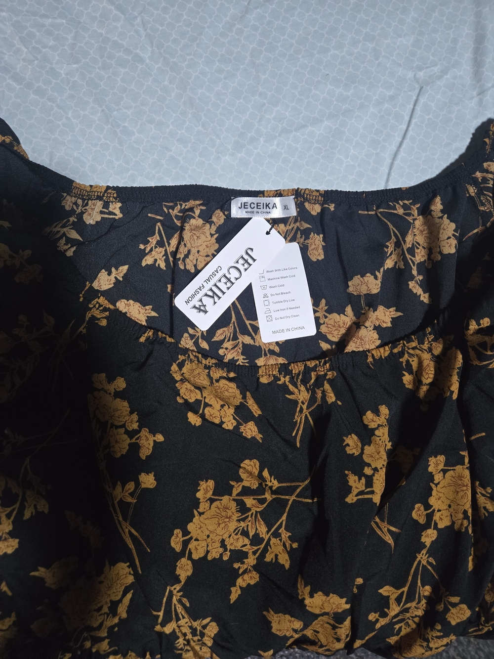 JECEIKA Black Dress with Mustard Floral Print
